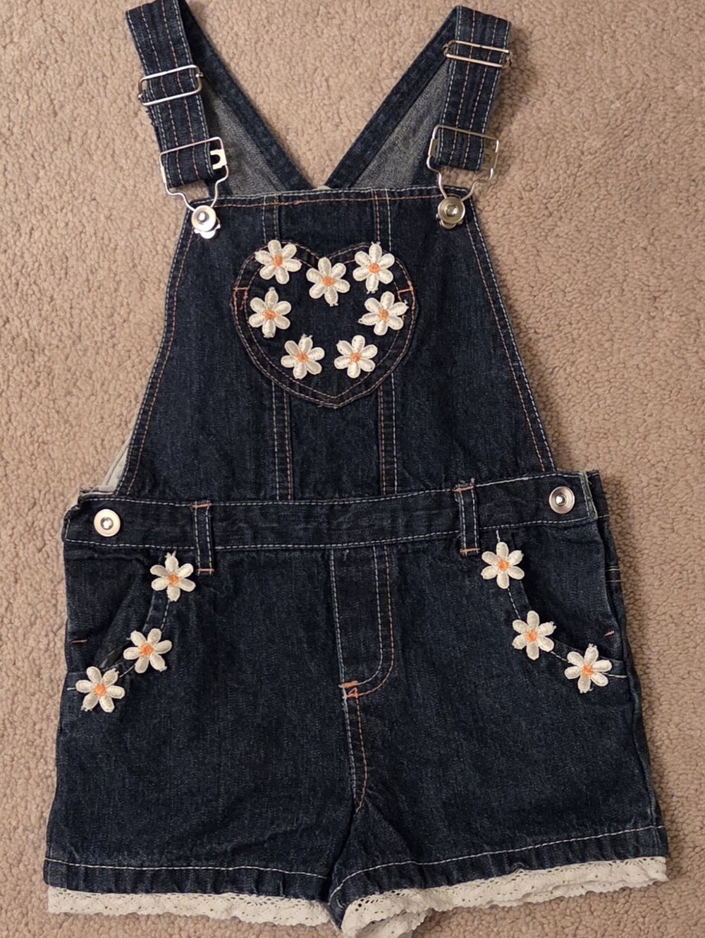 Girls Denim Short Overalls with White Daisy Appliqués